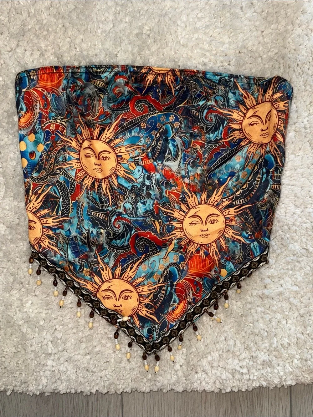 Bohemian Sun Motif Triangle Crop Top - Blue & Orange